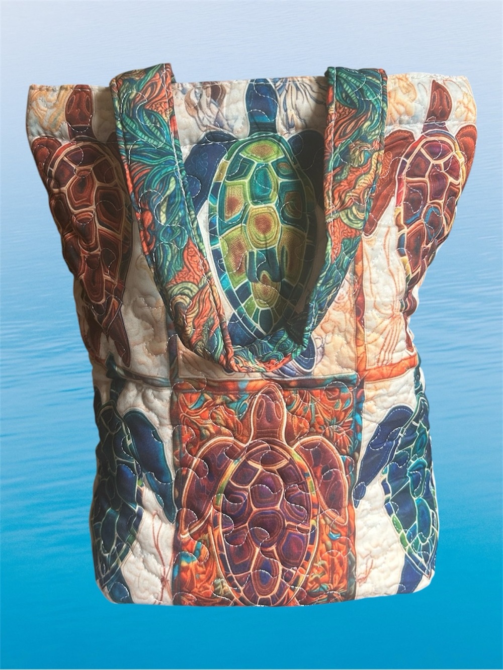 Quilted Sea Turtle Tote Bag vibrant multicolor ocean beach casual carryall NWOT